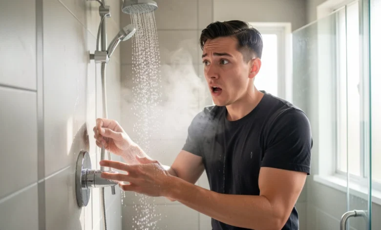 Person reacting to cold water in shower due to water heater running out of hot water