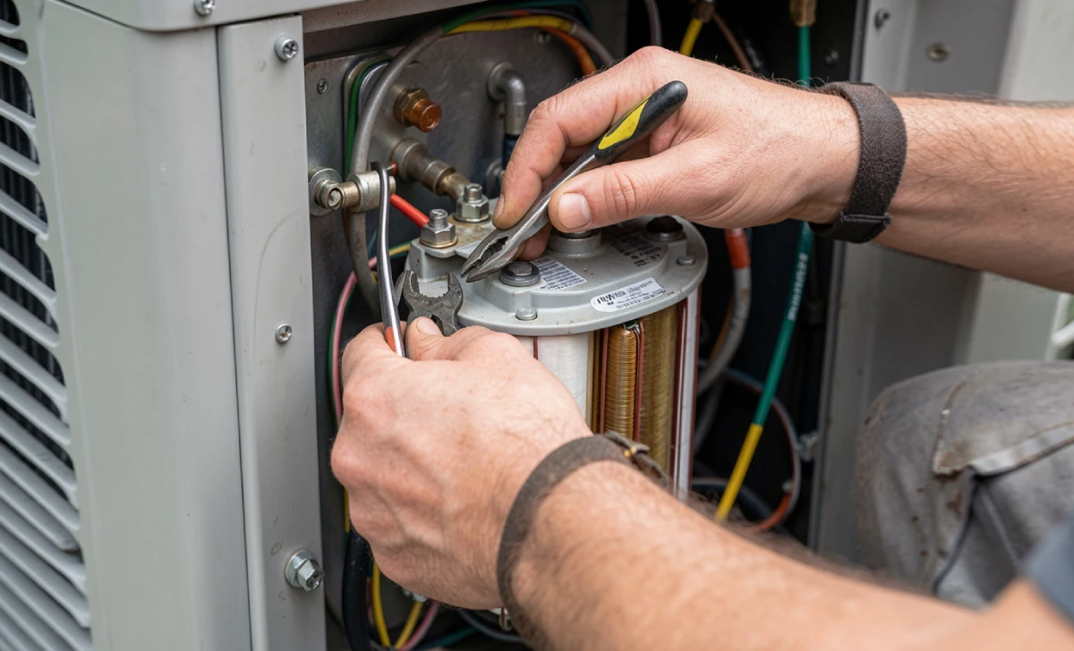 Technician replacing a capacitor in a residential AC unit