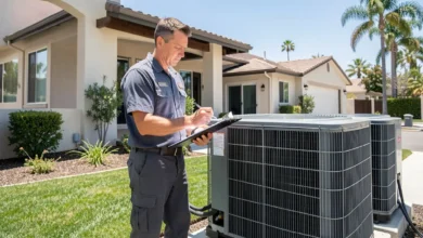 HVAC technician performing annual HVAC maintenance on an outdoor unit in San Diego