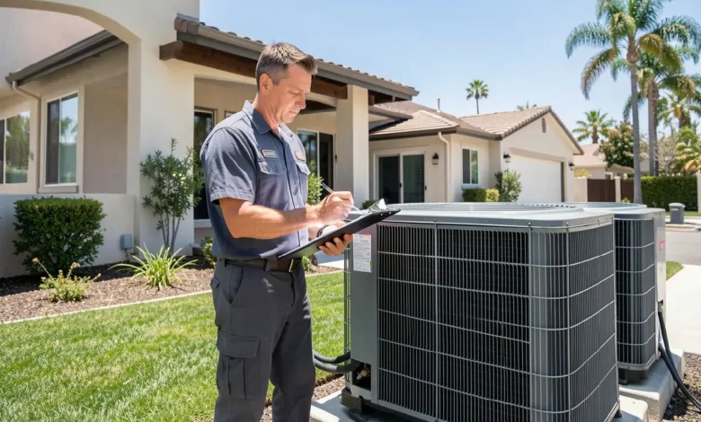 HVAC technician performing annual HVAC maintenance on an outdoor unit in San Diego