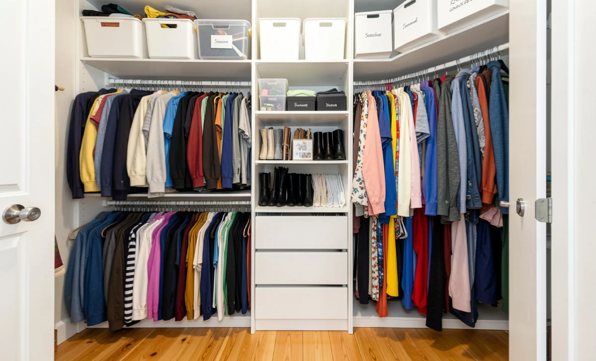 Organized bedroom closet with color-sorted clothes, clear bins, and labeled storage boxes