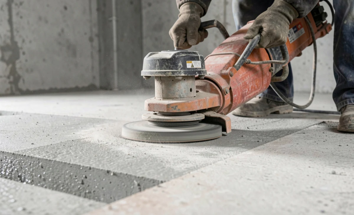 Contractor grinding a concrete basement floor with an industrial diamond grinder