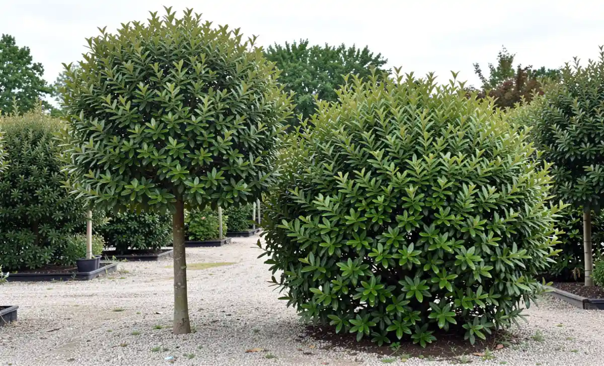 Eagleston Holly tree form with clear trunk next to shrub form grown full to the ground 