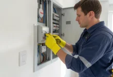 homeowner turning off circuit breaker before electrical work for safety