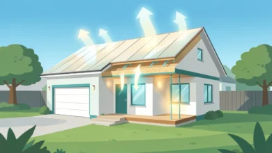 Modern home with energy-efficient roof systems showing heat reflection, insulation layers, and proper ventilation for lower energy bills