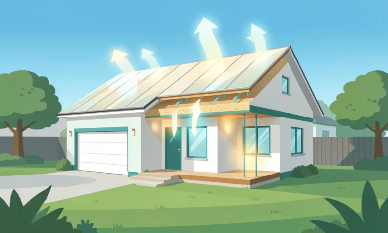 Modern home with energy-efficient roof systems showing heat reflection, insulation layers, and proper ventilation for lower energy bills