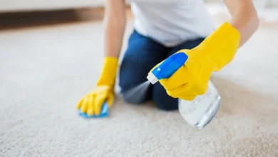 Person blotting grease and oil stains on carpet using a cloth and baking soda