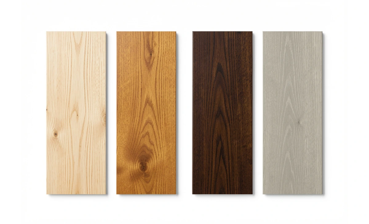 Four hardwood floor color samples showing light, warm brown, dark, and greige tones side by side