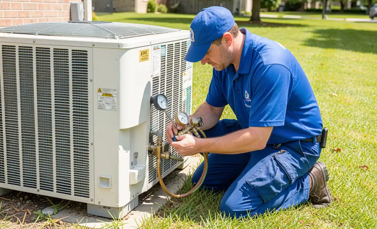 HVAC technician repairing a home AC unit outdoors