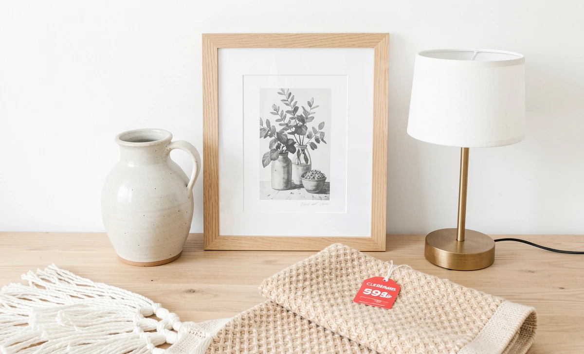 Assorted home decor clearance items including a vase, framed art, and lamp on a wood surface
