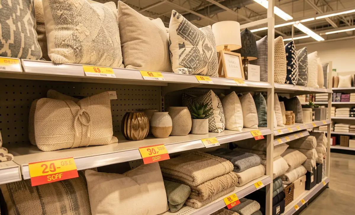 Retail clearance shelf stocked with discounted home decor items including pillows and decorative accessories with sale tags