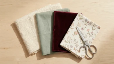 Flat lay of home decor fabric swatches including bouclé, linen, velvet, and cotton on a wooden surface