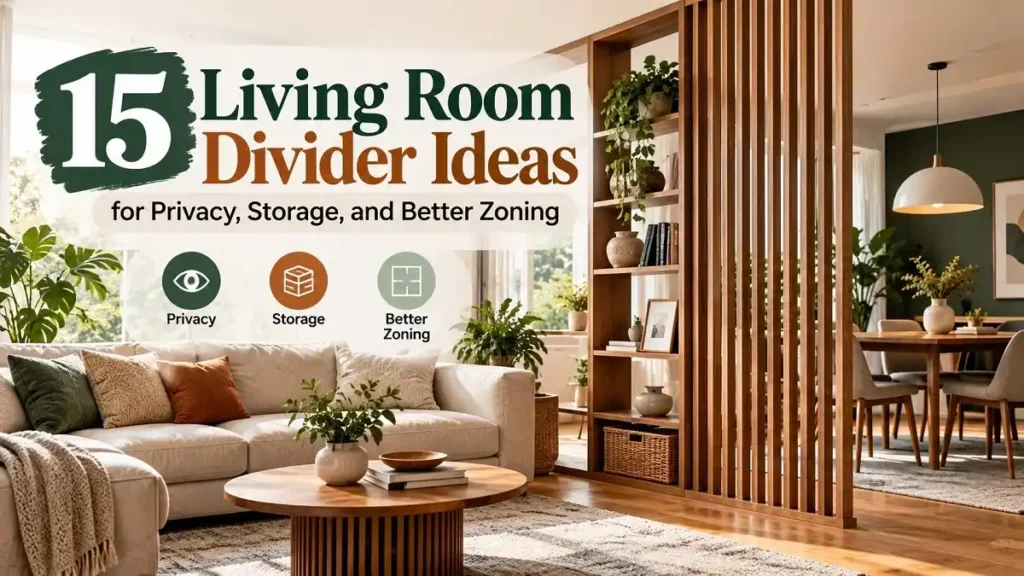 15 Living Room Divider Ideas for Privacy, Storage, and Better Zoning - Living Rooms | HomeImprovementGeek Living room divider with wood slats and open shelving separating the living and dining areas