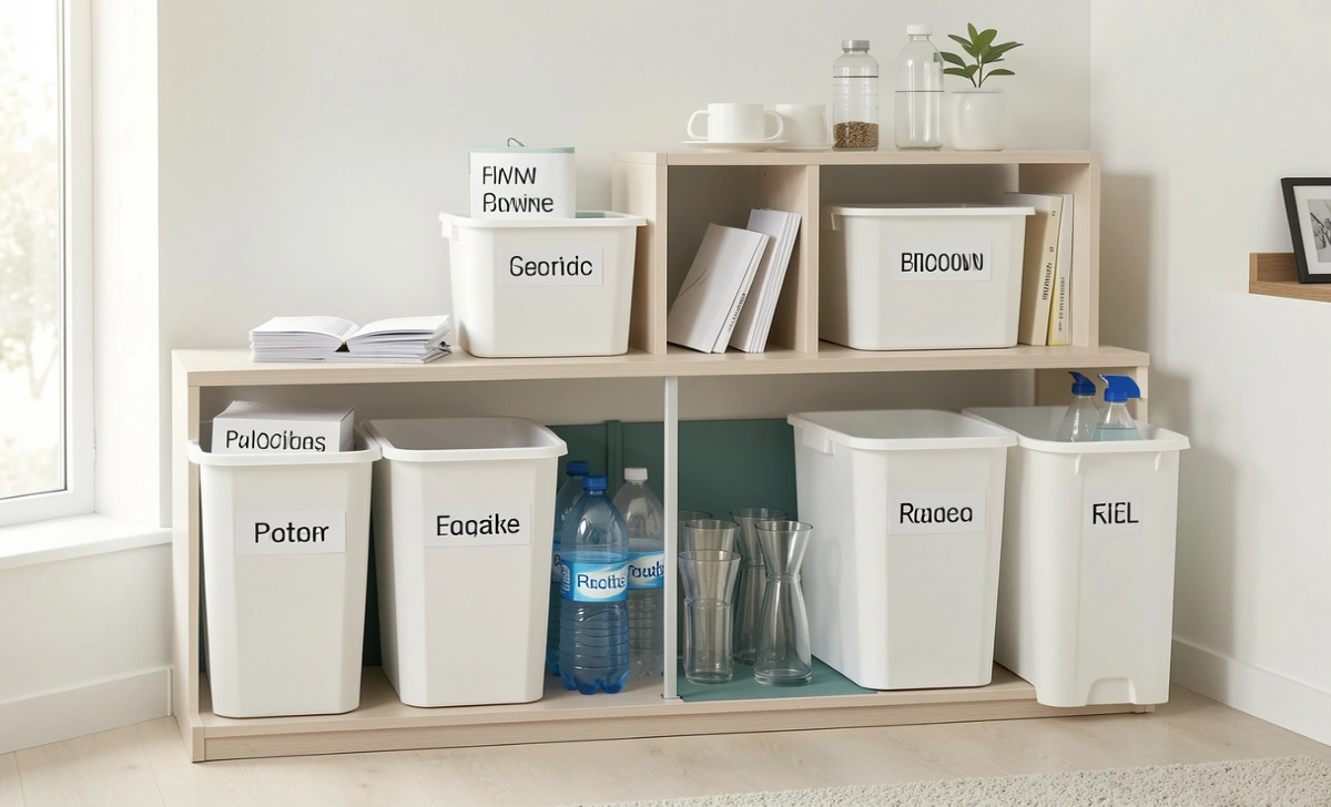 A home recycling sorting station with labeled containers for plastic, paper, and glass