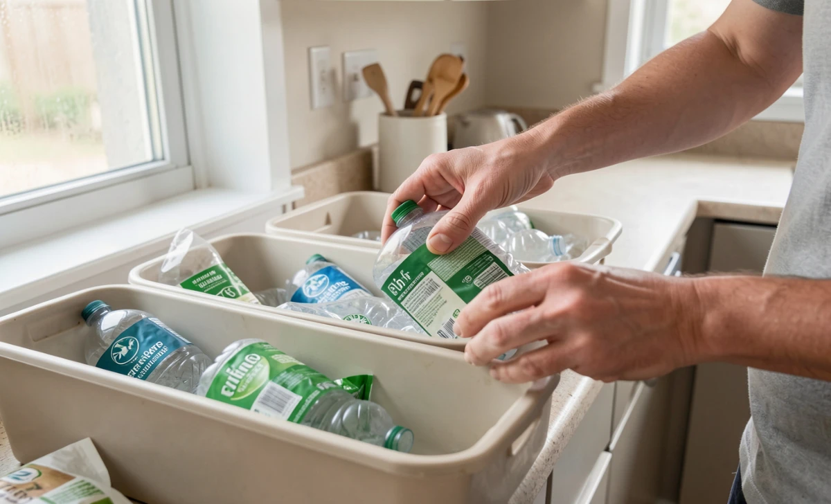 Person sorting recyclables into separate bins at home using a thoughtful recycling approach