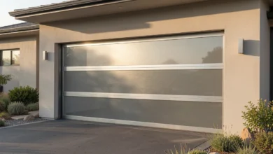 Modern garage door with glass panels and smart features installed on contemporary home exterior showing sleek design