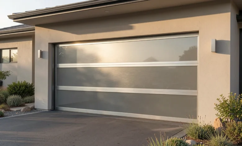 Modern garage door with glass panels and smart features installed on contemporary home exterior showing sleek design