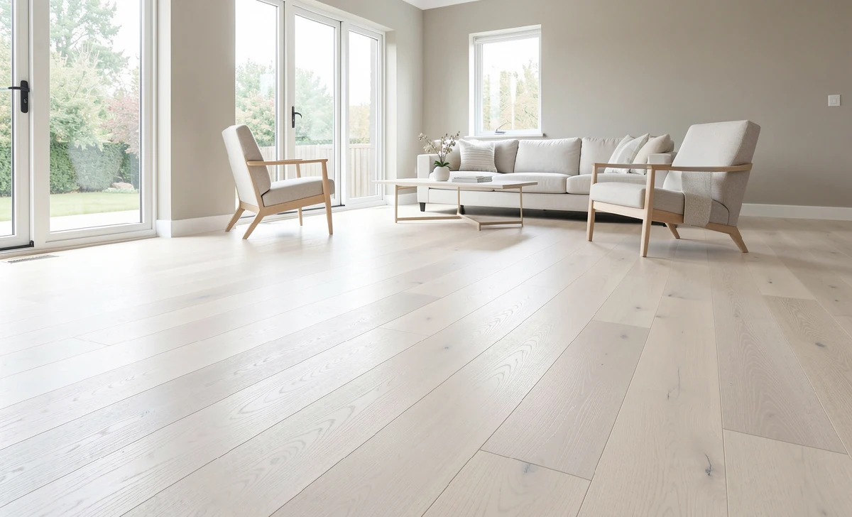 Natural white oak hardwood floors in a bright modern living room with neutral walls