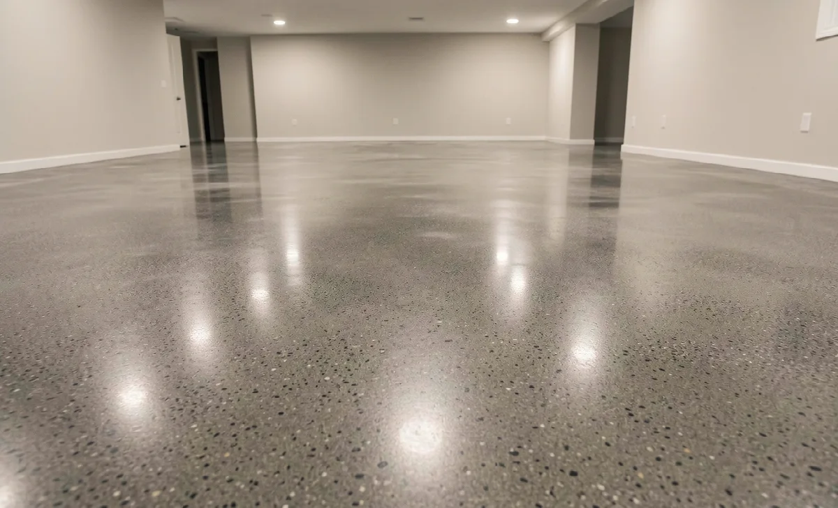 Polished concrete basement floor with medium-gloss salt-and-pepper finish