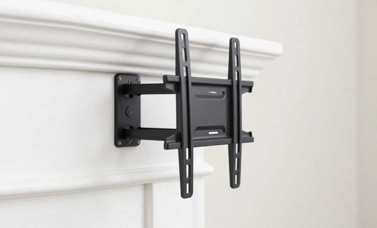 Pull-down TV mount installed above a white fireplace surround