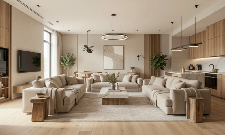 Modern renovated living room showing expert renovation solutions with quality materials, natural lighting, and contemporary design