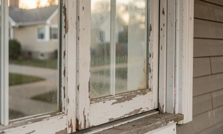 Worn patio door with fogged glass and damaged frame showing signs it needs replacement