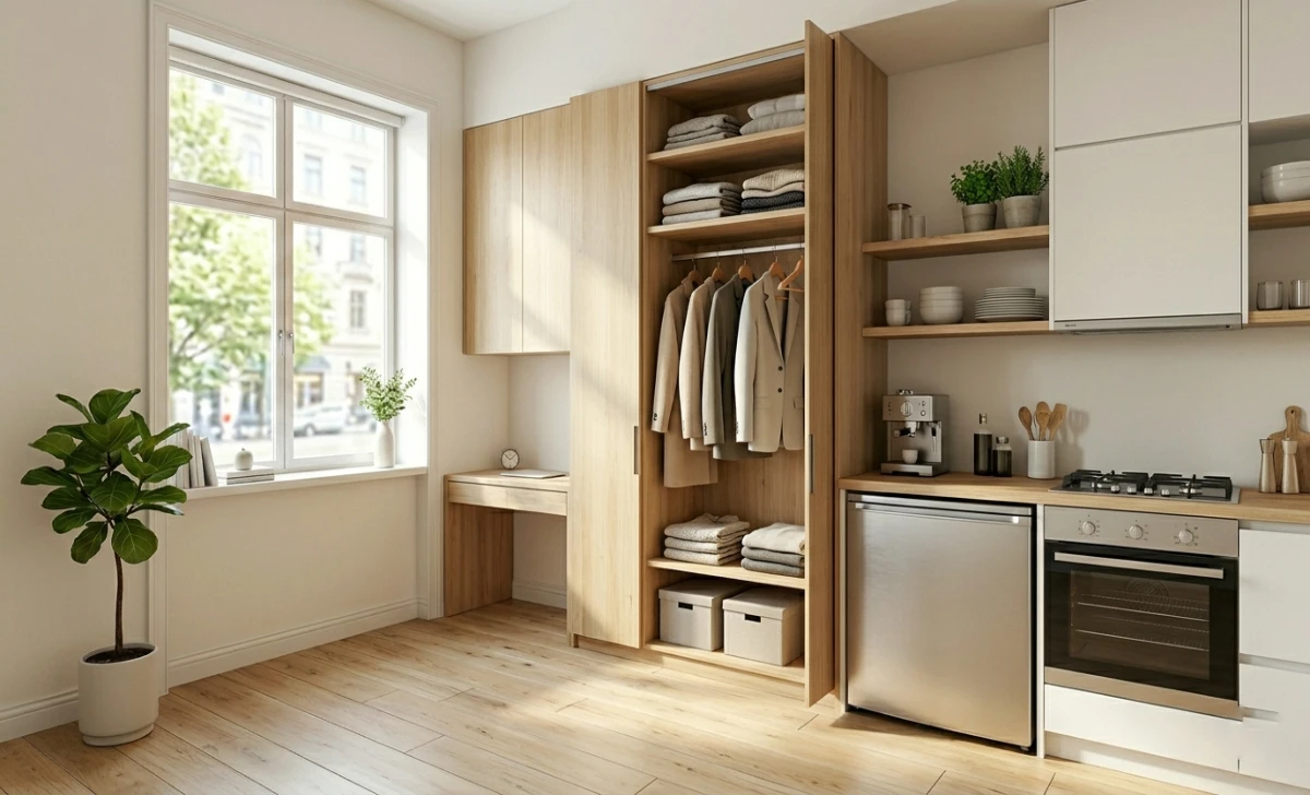 Interior of a small studio apartment showing full-size kitchen appliances, organized closet space, and a large window with natural light