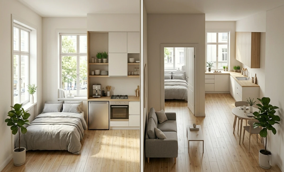Side by side comparison of a small studio apartment and a one-bedroom apartment layout showing the difference in space and room separation