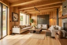 Modern home interior renovation using sustainable timber for flooring, walls, and beams with natural wood finish and contemporary design