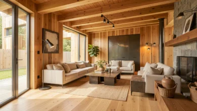 Modern home interior renovation using sustainable timber for flooring, walls, and beams with natural wood finish and contemporary design