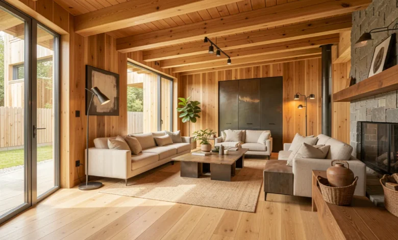 Modern home interior renovation using sustainable timber for flooring, walls, and beams with natural wood finish and contemporary design