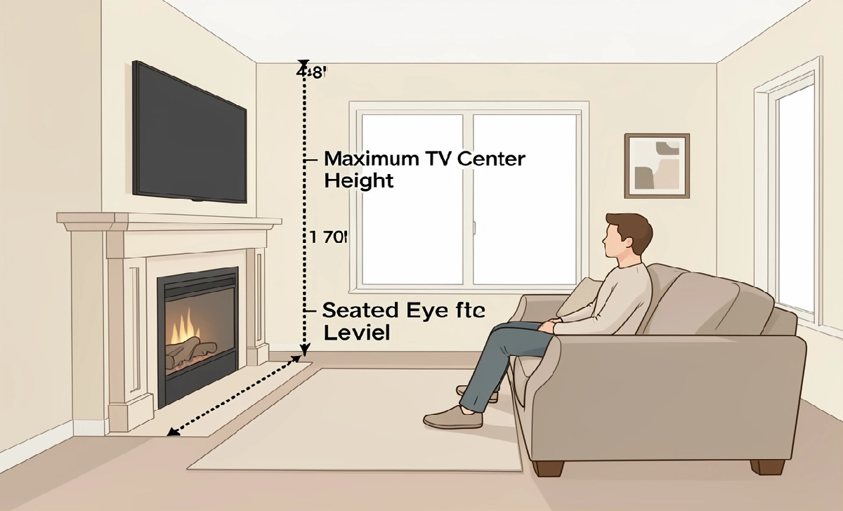 Diagram showing the correct TV mounting height above a fireplace, with eye level at 42 to 48 inches and the maximum TV center at 70 inches from the floor. 