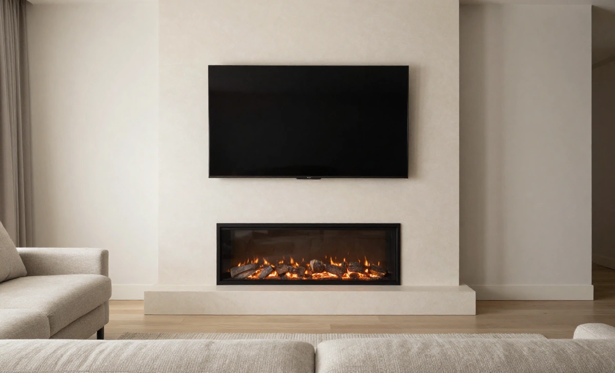 TV mounted above a stone fireplace in a modern living room