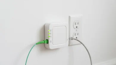 Adtran box plugged into the wall with green fiber cable and Ethernet port showing LED status lights