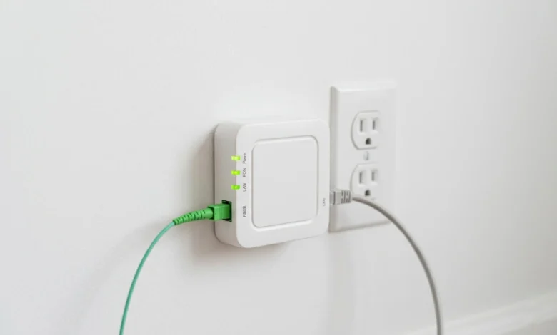 Adtran box plugged into the wall with green fiber cable and Ethernet port showing LED status lights