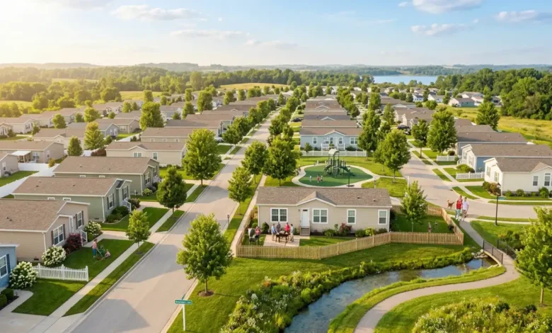 Bayshore Home Sales manufactured home community with modern affordable homes and green front yards