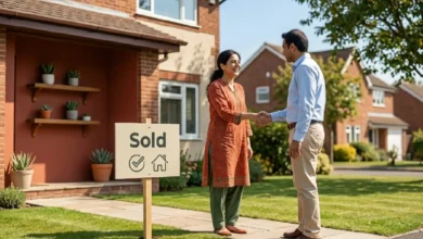 Homeowner shaking hands with cash home buyers in front of a sold house