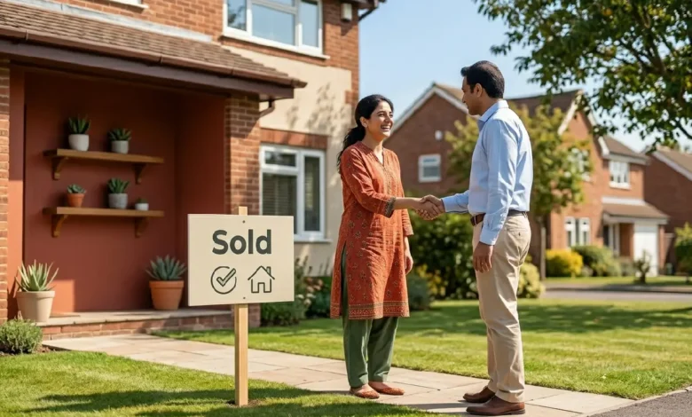 Homeowner shaking hands with cash home buyers in front of a sold house