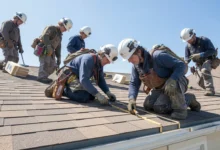 Certified roofing experts installing shingles on a residential roof with safety gear
