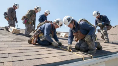 Certified roofing experts installing shingles on a residential roof with safety gear