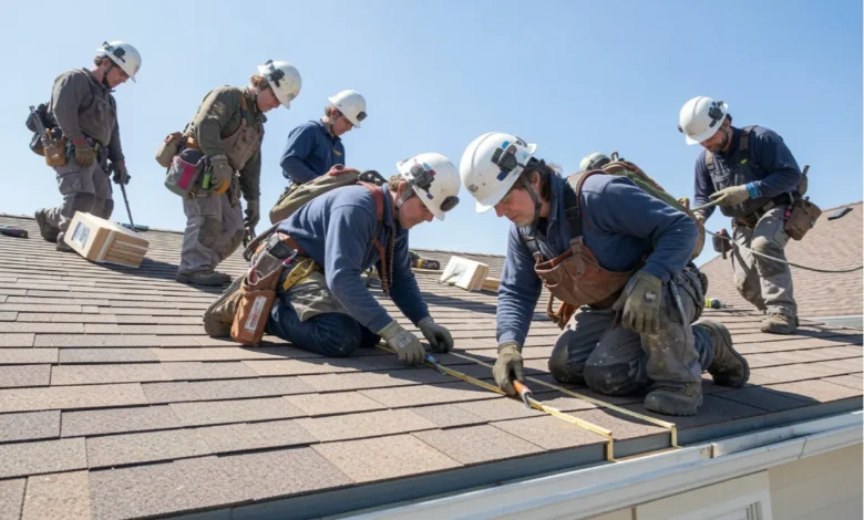 Certified roofing experts installing shingles on a residential roof with safety gear