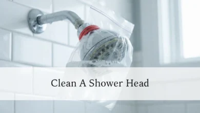Shower head cleaning with a vinegar-filled plastic bag to remove limescale buildup