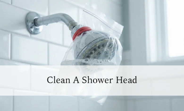 Shower head cleaning with a vinegar-filled plastic bag to remove limescale buildup
