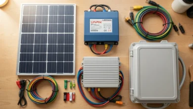 DIY solar generator components laid out on a workbench including a LiFePO4 battery, MPPT charge controller, inverter, and solar panel