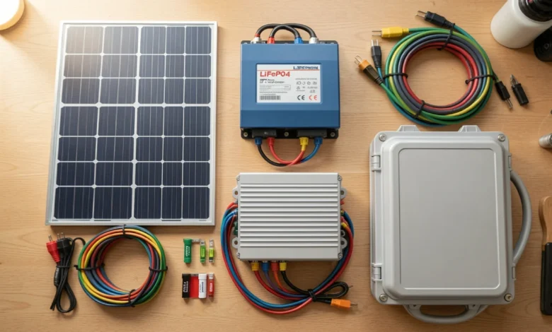 DIY solar generator components laid out on a workbench including a LiFePO4 battery, MPPT charge controller, inverter, and solar panel