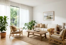A living room with Eco-Friendly Furniture including a reclaimed wood table, bamboo chairs, and linen cushions