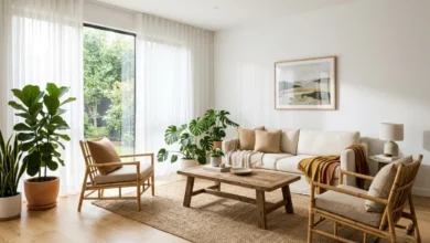 A living room with Eco-Friendly Furniture including a reclaimed wood table, bamboo chairs, and linen cushions