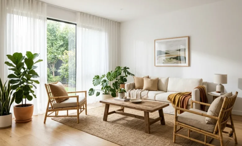 A living room with Eco-Friendly Furniture including a reclaimed wood table, bamboo chairs, and linen cushions