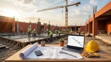 Ground-up construction site with workers pouring a concrete foundation and a crane in the background