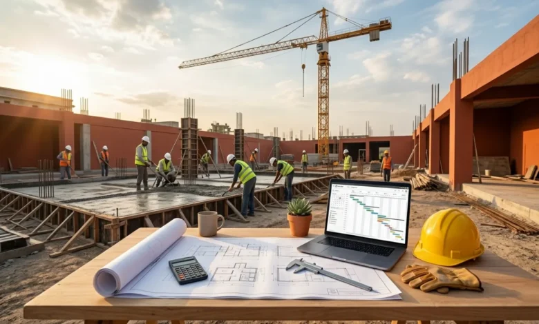 Ground-up construction site with workers pouring a concrete foundation and a crane in the background